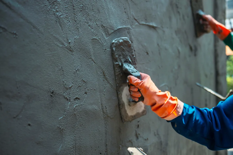 Muro exterior claro de una vivienda pintado de forma uniforme bajo cielo azul